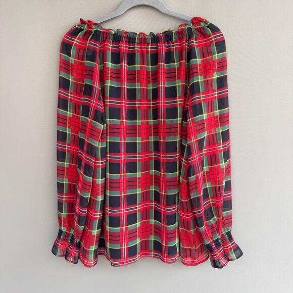 NWT Talbots red tartan plaid sheer off the shoulder blouse - Christmas - size L - Picture 2 of 9
